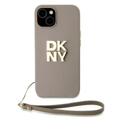 DKNY PU Leather Stack Logo Wrist Strap Zadní Kryt pro iPhone 14 Beige