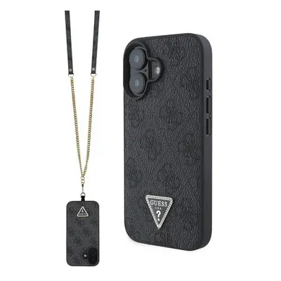 Guess PU 4G Strass Triangle Metal Logo Zadní Kryt + Crossbody Popruh pro iPhone 16 Black