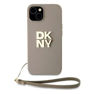 DKNY PU Leather Stack Logo Wrist Strap Zadní Kryt pro iPhone 13 Beige