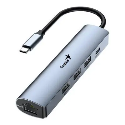 Genius UH-545 USB Hub, externí, USB-C na 3× USB 3.0, 1× USB-C, RJ-45 Gigabit Ethernet, 15cm, šed