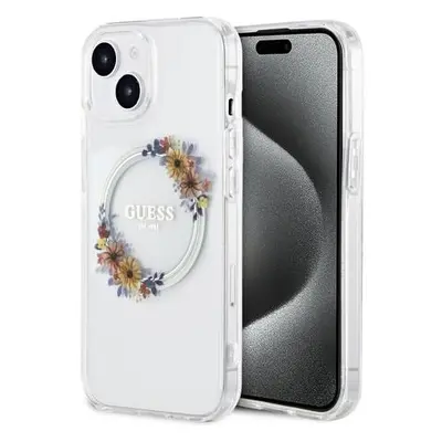 Guess PC/TPU Flowers Ring Glossy Logo MagSafe Zadní Kryt pro iPhone 15 Transparent