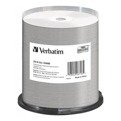 VERBATIM CD-R DataLifePlus 700MB/ 52x/ 80min/ thermal printable/ 100pack/ spindle, 43718