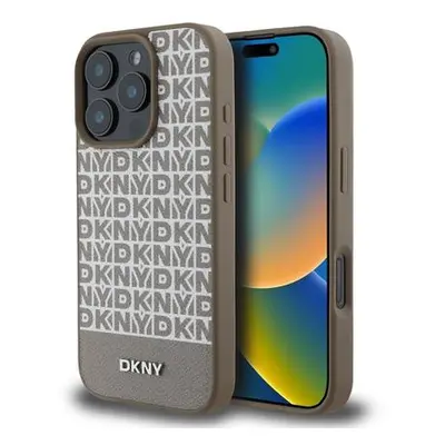 DKNY PU Leather Repeat Pattern Bottom Stripe MagSafe Zadní Kryt pro iPhone 16 Pro Brown