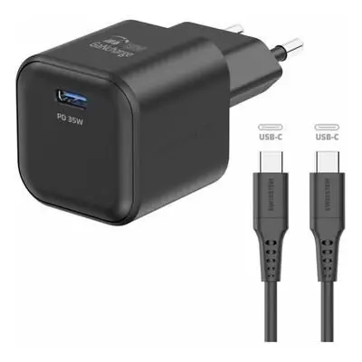 Swissten síťový adaptér GaN 1x USB-C 35W PD + datový kabel USB-C/USB-C 1,2 m černý