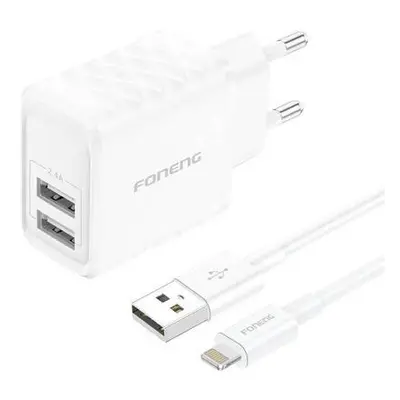 Foneng EU53 2xUSB-A, 2.4A network charger (White) + USB-A toLightning cable