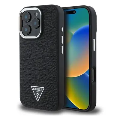 Guess PU Grained Triangle Logo Zadní Kryt pro iPhone 16 Pro Black