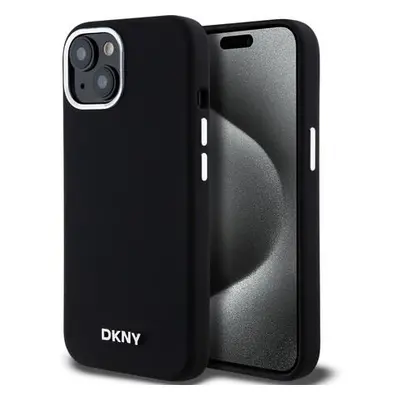 DKNY Liquid Silicone Silver Metal Logo Magsafe Zadní Kryt pro iPhone 15 Black