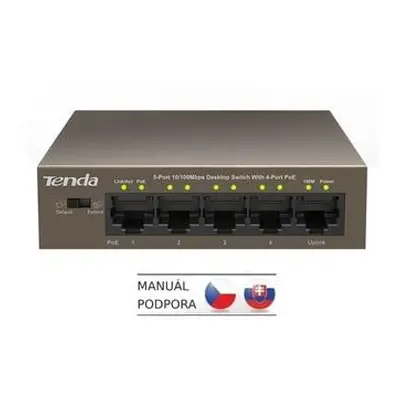 Tenda TEF1105P-4-63W PoE AT switch 4x PoE 802.3af/at, 5x 100Mb/s, PoE celkem 63W, fanless, PoE+,