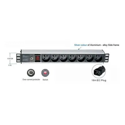 19" rozvodný panel 1U, 7x 220V napájecí kabel s koncovkou IEC 16A, 9612