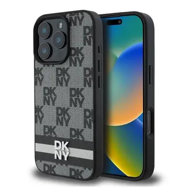 DKNY PU Leather Checkered Pattern and Stripe Zadní Kryt pro iPhone 16 Pro Black