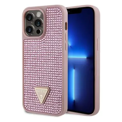 Guess Rhinestones Triangle Metal Logo Kryt pro iPhone 15 Pro Max Pink