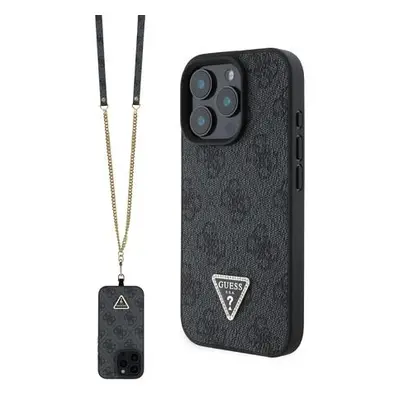 Guess PU 4G Strass Triangle Metal Logo Zadní Kryt + Crossbody Popruh pro iPhone 16 Pro Max Black