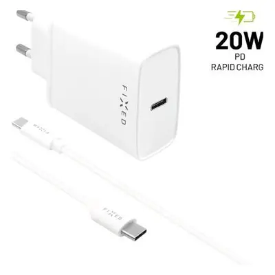 Set síťové nabíječky FIXED s USB-C výstupem a USB-C/USB-C kabelu, podpora PD, 1 metr, 20W, bílý