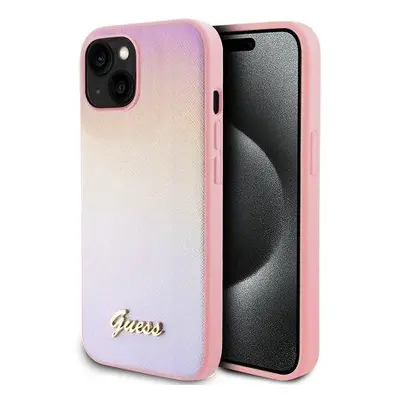 Guess PU Leather Iridescent Metal Script Zadní Kryt pro iPhone 15 Pink