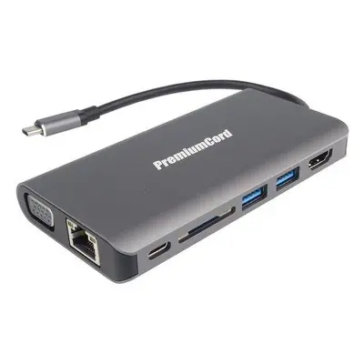 PremiumCord Převodník USB-C na HDMI+VGA+RJ45+2xUSB3.0+SD card +3,5mm+PD charge, ku31dock08