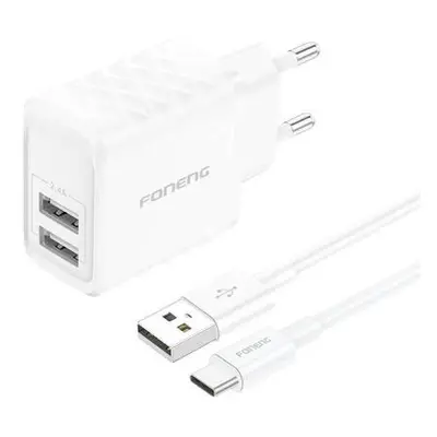 Foneng EU53 2xUSB-A, 2.4A network charger (White) + USB-C cable