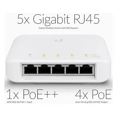 Ubiquiti UniFi Switch USW Flex - 5x Gbit RJ45, 1x PoE In 802.3bt, 4x PoE Out 802.3af, venkovní, 