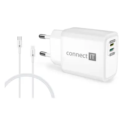 CONNECT IT DUPLEX Nabíjecí adaptér 1xLightning + 1×USB-C, 20W, kabel 27W, BÍLÝ, CWC-2090-WH