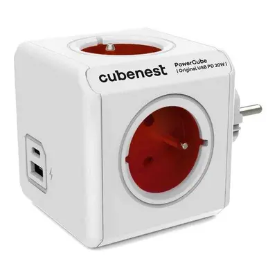 Cubenest Powercube Original USB PD 20W, A+C, 4× zásuvka, bílá/červená, dětská pojistka, uzemnění