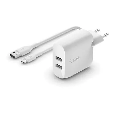 Belkin Duální USB-A nástěnná nabíječka 2x12W, USB-C kabel, bílá, WCE001vf1MWH