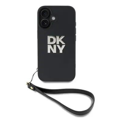 DKNY PU Leather Stack Logo Wrist Strap Zadní Kryt pro iPhone 16 Black