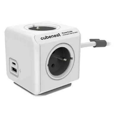 Cubenest Powercube Extended USB PD 20W, A+C, 4× zásuvka, 3m, bílá/šedá, dětská pojistka, uzemně