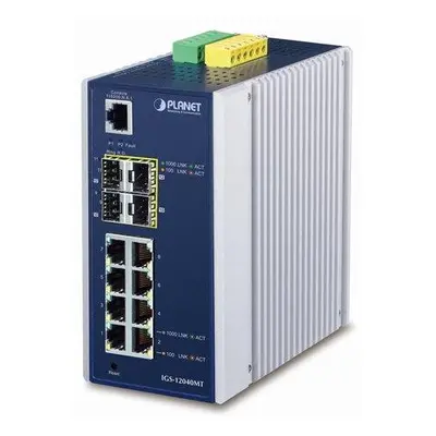 Planet IGS-12040MT, 8x 1000Base-T, 4x SFP, DIN, IP30, -40 až 75°C, WEB/SNMPv3, VLAN, IGMPv3, ESD