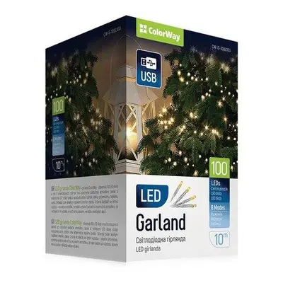 COLORWAY LED řetěz/ vnitřní / 100 LED / délka 10m / teplá bílá/ 8 funkcí/ napájení USB