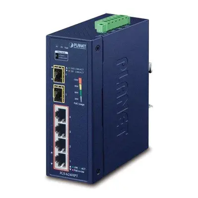 Planet IGS-624HPT Průmyslový Switch 4x 1Gb RJ-45 + 2x 1Gb SFP, PoE+ 802.3at 36/120W, IP40, DC12-