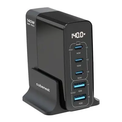 CubeNest S5D0 GaN Adaptér 140W (3× USB-C až 140 W, 2× USB-A až 60 W), PD 3.1, přepěťová a podpěť