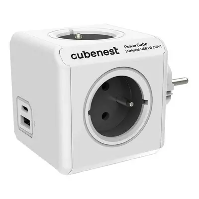 Cubenest Powercube Original USB PD 20W, A+C, 4× zásuvka, bílá/šedá, dětská pojistka, uzemnění, m