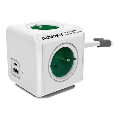 Cubenest Powercube Extended USB PD 20W, A+C, 4× zásuvka, 1,5m, bílá/zelená, dětská pojistka, uze