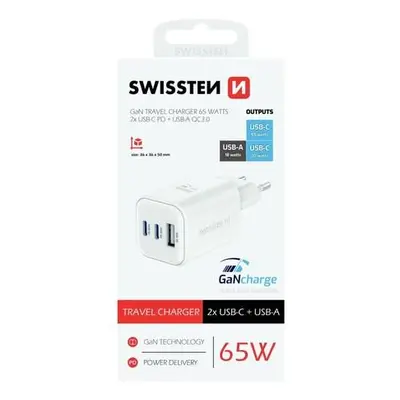 Swissten síťový adaptér GaN 2x USB-C 65W PD + 1x USB-A 18W QC bílý