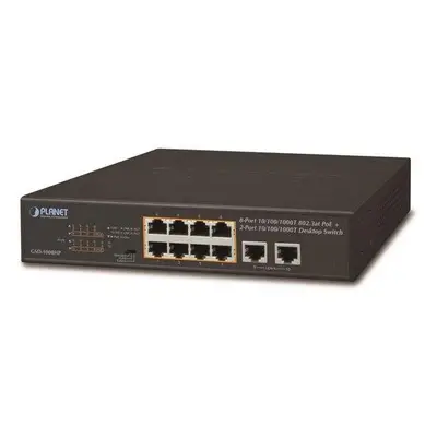 Planet GSD-1008HP, PoE switch 8x PoE 802.3at 120W+ 2x 1000Base-T, VLAN, extend mód 10Mb/s do 250