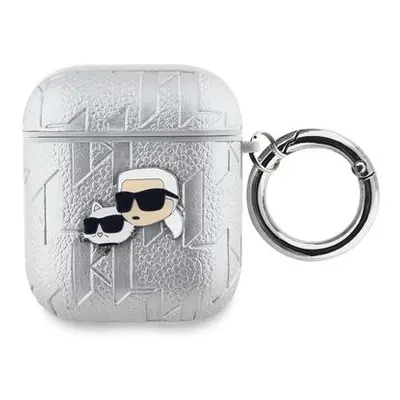 Karl Lagerfeld PU Embossed Karl and Choupette Heads Pouzdro pro AirPods 1/2 Silver