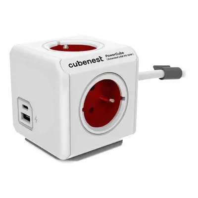 Cubenest Powercube Extended USB PD 20W, A+C, 4× zásuvka, 1,5m, bílá/červená, dětská pojistka, uz