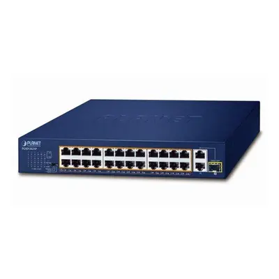 Planet FGSD-2621P PoE switch, 24x100M + 1x1Gb RJ45 + 1xSFP, PoE 802.3at 185W, extend mód 10Mb-25