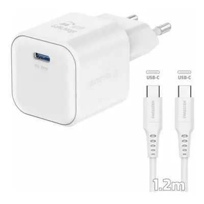 Swissten síťový adaptér GaN 1x USB-C 20W PD + datový kabel USB-C/USB-C 1,2 m bílý