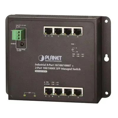 Planet průmyslový plochý switch L2/L4, 8x1Gb, 2xSFP, 12-48VDC/24VAC, IP30, -40/75°C, fanless, WG