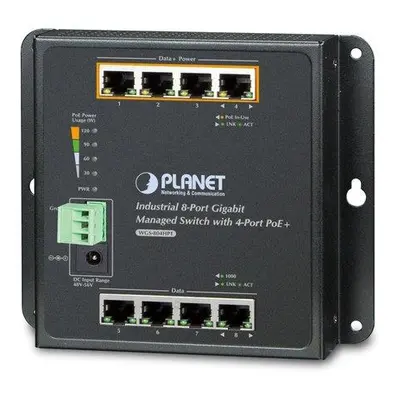 Planet průmyslový plochý switch L2, 8x1Gb, 4xPoE 30/144W, dual 48-56VDC, IP30, -40~75°C, fanless