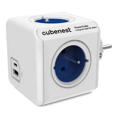 Cubenest Powercube Original USB PD 20W, A+C, 4× zásuvka, bílá/modrá, dětská pojistka, uzemnění, 