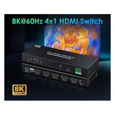 PremiumCord HDMI switch 4:1 s podporou rozlišení 8K@60Hz,4K@120Hz, 1080P, HDR, s ovládáním tlačí