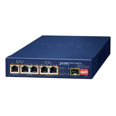 Planet BSP-115HP-5A Hybridní PoE solární switch, 5x1Gb,1x1Gb SFP, 1x PoE++ 802.3bt 60W + 4x PoE 