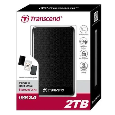 TRANSCEND 2TB StoreJet 25A3, 2.5”, USB 3.0 (3.1 Gen 1) Stylový externí odolný hard disk, černý s