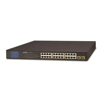 Planet GSW-2620VHP PoE switch, 24x1Gb + 2xSFP 1Gb, LCD, VLAN, extend mód 10Mb-250m, 802.3at, 802