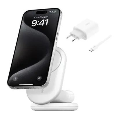 Belkin BOOST CHARGE Qi2 15W 2v1 Magnetický nabíjecí stojan, skládací, bílá