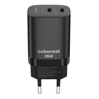 CubeNest S2D1 GaN Adaptér 35W černá (2× USB-C až 35 W), PD, přepěťová a podpěťová ochrana, s tec