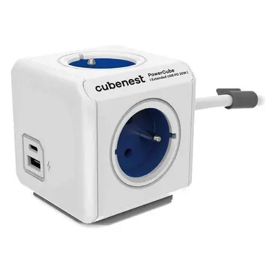 Cubenest Powercube Extended USB PD 20W, A+C, 4× zásuvka, 1,5m, bílá/modrá, dětská pojistka, uzem