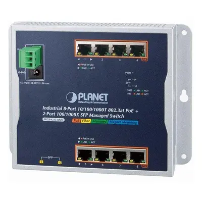 Planet průmyslový plochý switch L2/L4, 8x1Gb, 2xSFP, PoE 30/240W, dual 48-56VDC, IP30, -40/75°C,