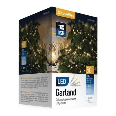 COLORWAY LED řetěz/ vnitřní / 50 LED / délka 5m / teplá bílá/ 8 funkcí/ napájení USB